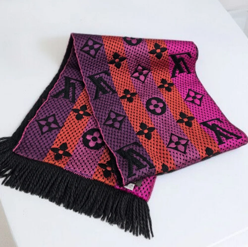 Louis Vuitton Echarpe Logomania Rainbow Wool Silk Scarf Black Pink